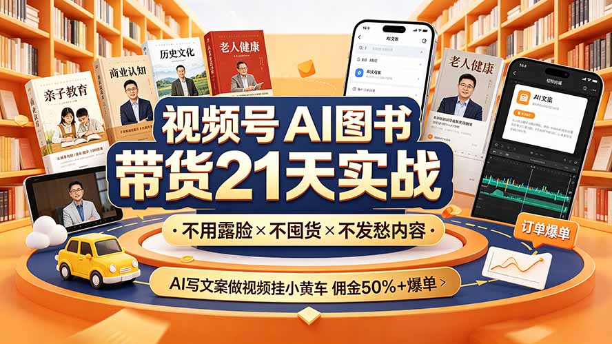 （19476期）视频号AI图书带货21天实战：不用露脸×不囤货×不发愁内容，AI写文案做视频挂小黄车，佣金50%+爆单-低成本创业项目大全｜短视频带货+AI副业变现｜知行创业网