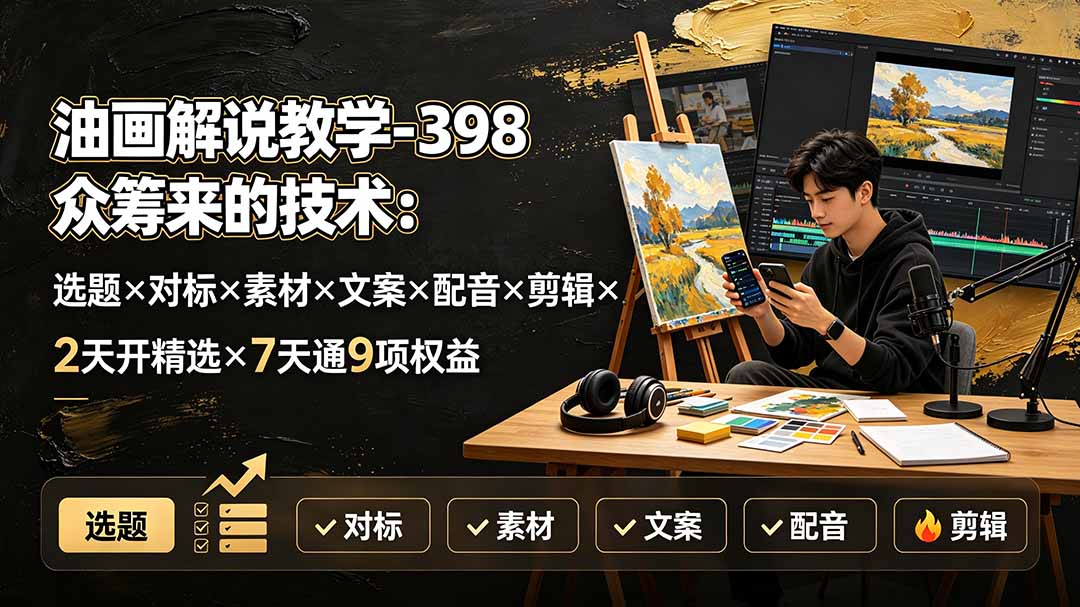 （19527期）油画解说教学-398众筹来的技术：选题×对标×素材×文案×配音×剪辑×2天开精选×7天通9项权益-低成本创业项目大全｜短视频带货+AI副业变现｜知行创业网
