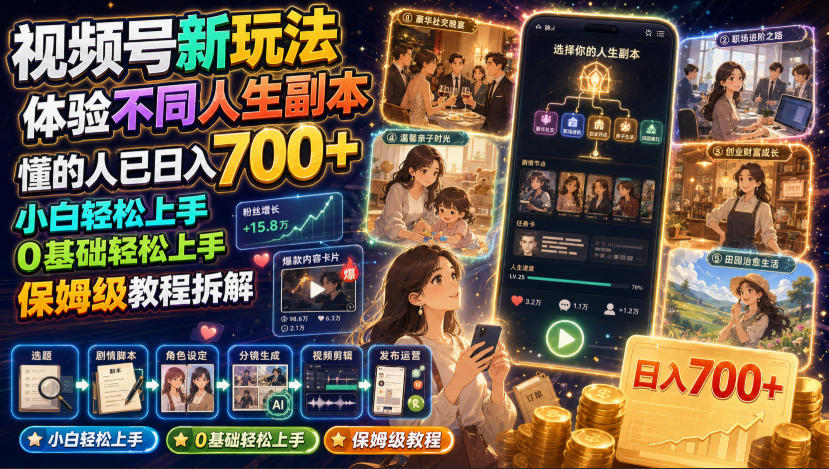 视频号新玩法体验不同人生副本,懂的人已日入700+,小白轻松上手,0基础轻松上手,保姆级教程拆解-低成本创业项目大全|短视频带货+AI副业变现|知行创业网