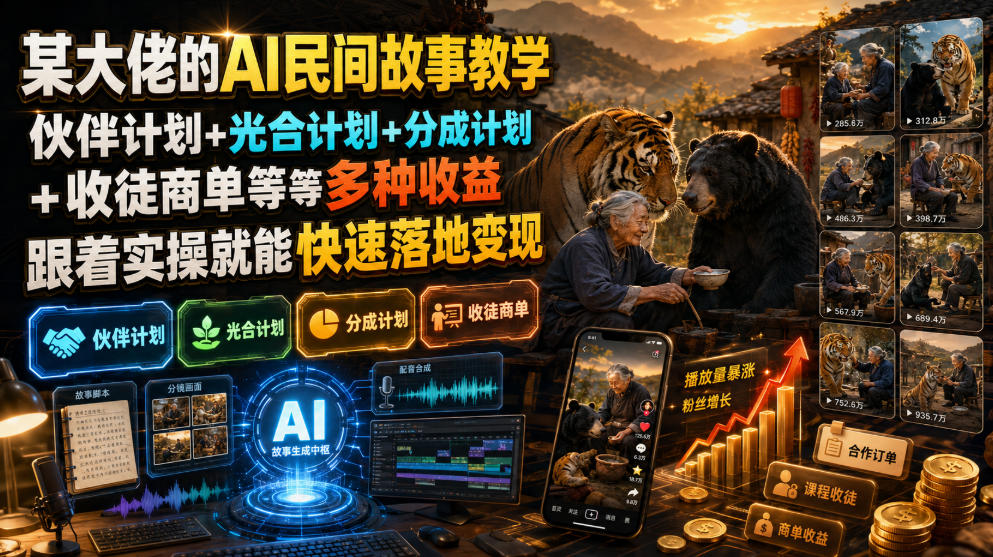 某大佬的AI民间故事教学，伙伴计划+光合计划+分成计划+收徒商单等多种收益，跟着实操就能快速落地变现-低成本创业项目大全｜短视频带货+AI副业变现｜知行创业网