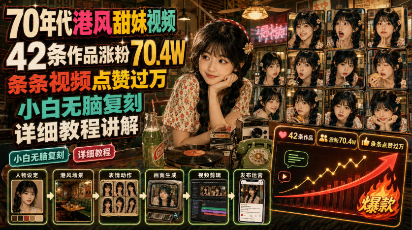70年代港风甜妹视频，42条作品涨粉70.4W，条条视频点赞过万，小白无脑复刻，详细教程讲解-低成本创业项目大全｜短视频带货+AI副业变现｜知行创业网