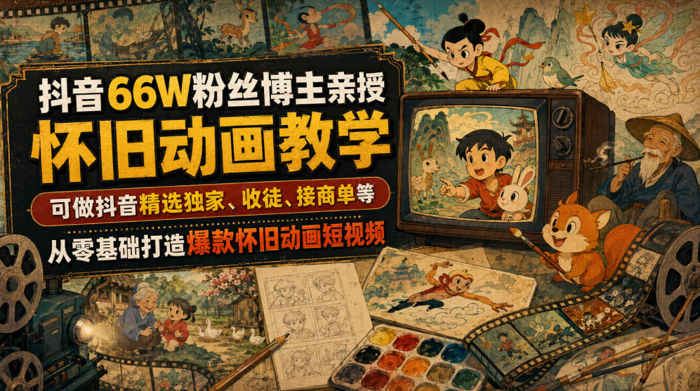 抖音66W粉丝博主亲授怀旧动画教学，可做抖音精选独家、收徒、接商单等，从零基础打造爆款怀旧动画短视频-低成本创业项目大全｜短视频带货+AI副业变现｜知行创业网