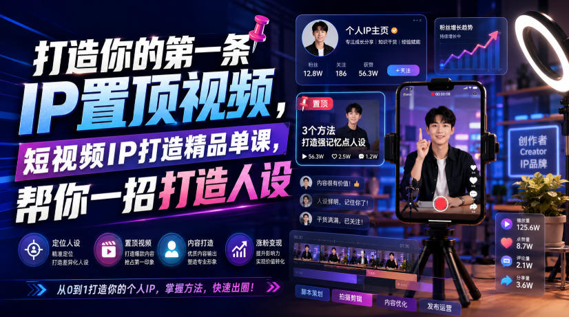 打造你的第一条IP置顶视频，短视频IP打造精品单课，帮你一招打造人设-低成本创业项目大全｜短视频带货+AI副业变现｜知行创业网