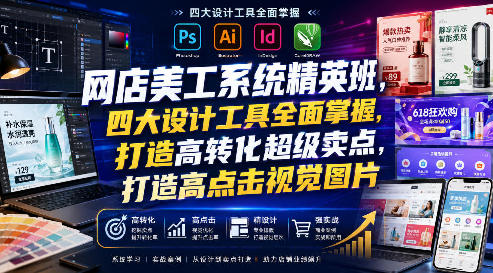 网店美工系统精英班,四大设计工具全面掌握,打造高转化超级卖点,打造高点击视觉图片(2026年7月)-低成本创业项目大全|短视频带货+AI副业变现|知行创业网