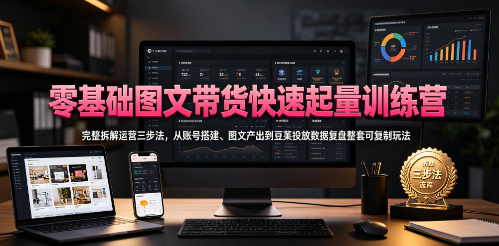 零基础图文带货快速起量训练营，完整拆解运营三步法，从账号搭建、图文产出到豆荚投放数据复盘整套可复制玩法-低成本创业项目大全｜短视频带货+AI副业变现｜知行创业网