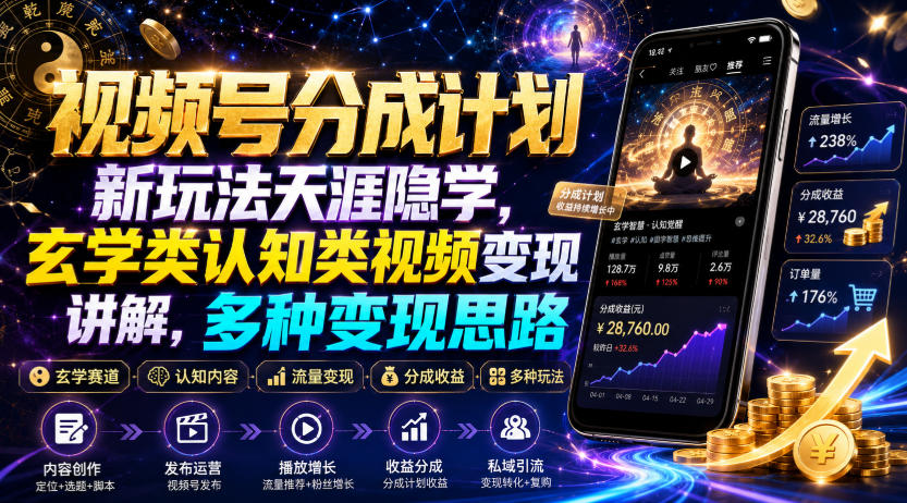 视频号分成计划新玩法天涯隐学，玄学类认知类视频变现讲解，多种变现思路-低成本创业项目大全｜短视频带货+AI副业变现｜知行创业网