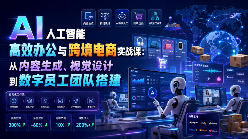 AI人工智能高效办公与跨境电商实战课:从内容生成、视觉设计到数字员工团队搭建-低成本创业项目大全|短视频带货+AI副业变现|知行创业网