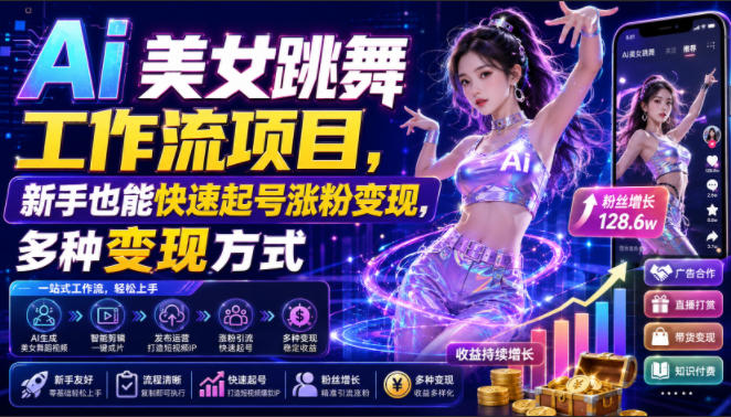 Ai美女跳舞工作流项目，新手也能快速起号涨粉变现，多种变现方式-低成本创业项目大全｜短视频带货+AI副业变现｜知行创业网