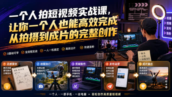 一个人拍短视频实战课，让你一个人也能高效完成从拍摄到成片的完整创作-低成本创业项目大全｜短视频带货+AI副业变现｜知行创业网