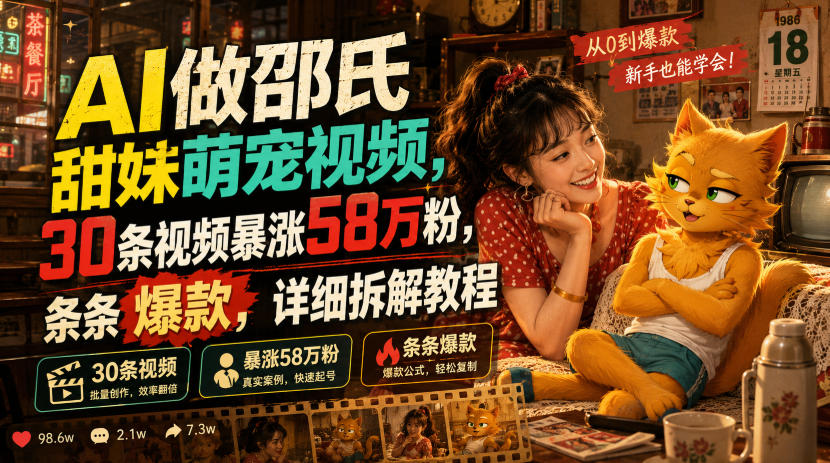 AI做邵氏甜妹萌宠视频，30条视频暴涨58万粉，条条爆款，详细拆解教程-低成本创业项目大全｜短视频带货+AI副业变现｜知行创业网