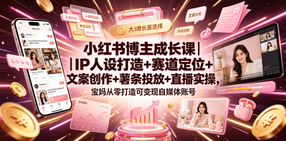 小红书博主成长课|IP人设打造+赛道定位+文案创作+薯条投放+直播实操,宝妈从零打造可变现自媒体账号-低成本创业项目大全|短视频带货+AI副业变现|知行创业网