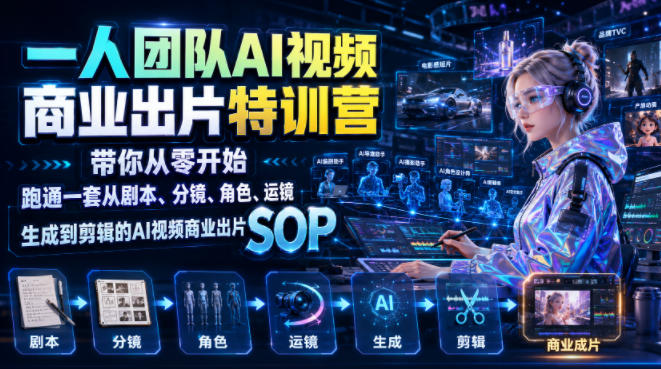一人团队AI视频商业出片实战课：带你从零开始跑通一套从剧本、分镜、角色、运镜、生成到剪辑的AI视频商业出片SOP-低成本创业项目大全｜短视频带货+AI副业变现｜知行创业网