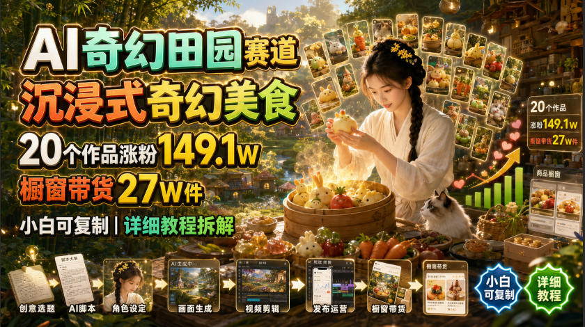 AI奇幻田园赛道，沉浸式奇幻美食，20个作品涨粉149.1W，橱窗带货27W件，小白可复制，详细教程拆解-低成本创业项目大全｜短视频带货+AI副业变现｜知行创业网