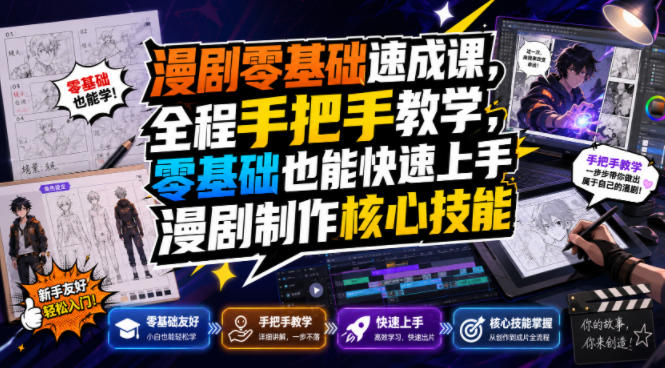 漫剧零基础速成课，全程手把手教学，零基础也能快速上手漫剧制作核心技能-低成本创业项目大全｜短视频带货+AI副业变现｜知行创业网