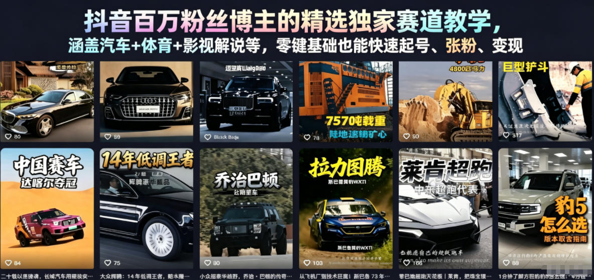 抖音百万粉丝博主的精选独家赛道教学,涵盖汽车+体育+影视解说等,零基础也能快速起号、涨粉、变现(更新0701)-低成本创业项目大全|短视频带货+AI副业变现|知行创业网