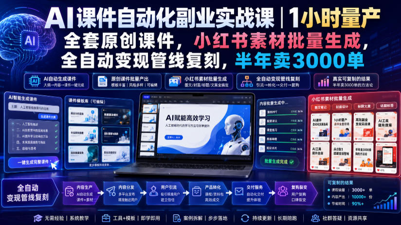 AI课件自动化副业实战课｜1小时量产全套原创课件，小红书素材批量生成，全自动变现管线复刻，半年卖3000单-低成本创业项目大全｜短视频带货+AI副业变现｜知行创业网