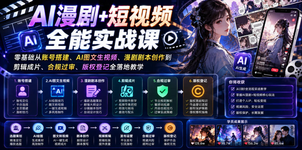 AI漫剧+短视频全能实战课｜零基础从账号搭建、AI图文生视频、漫剧剧本创作到剪辑成片、合规过审、版权登记全落地教学-低成本创业项目大全｜短视频带货+AI副业变现｜知行创业网