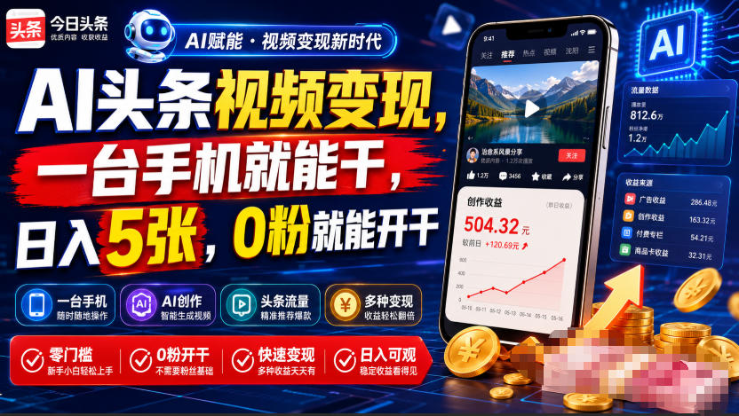 AI头条视频变现，一台手机就能干，日入5张，0粉就能开干-低成本创业项目大全｜短视频带货+AI副业变现｜知行创业网