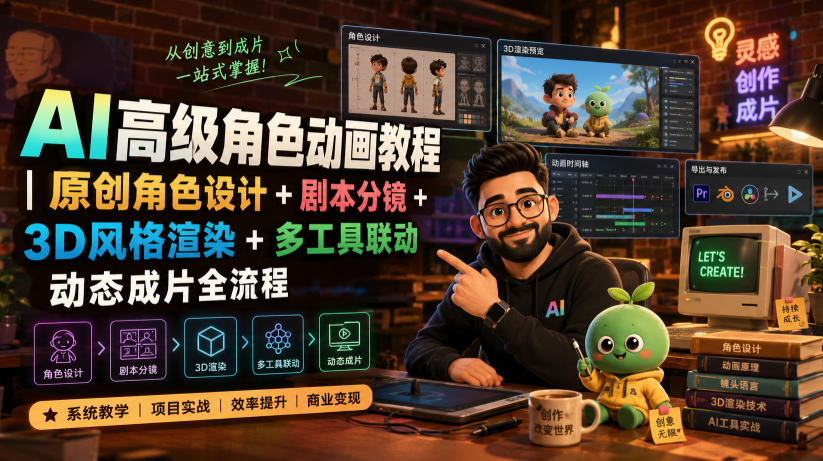 AI高级角色动画教程｜原创角色设计+剧本分镜+3D风格渲染+多工具联动动态成片全流程【中英字幕】-低成本创业项目大全｜短视频带货+AI副业变现｜知行创业网