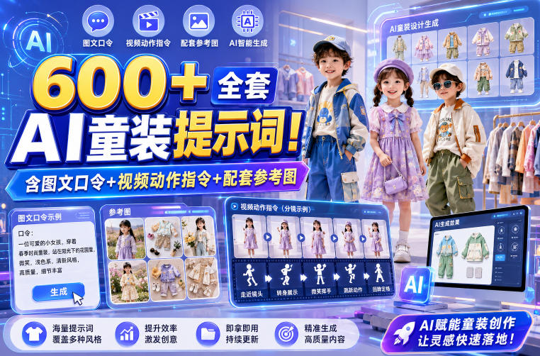 600+全套AI童装提示词!含图文口令+视频动作指令+配套参考图,Word-Excel规整分类,童装电商、种草无脑量产内容!-低成本创业项目大全|短视频带货+AI副业变现|知行创业网