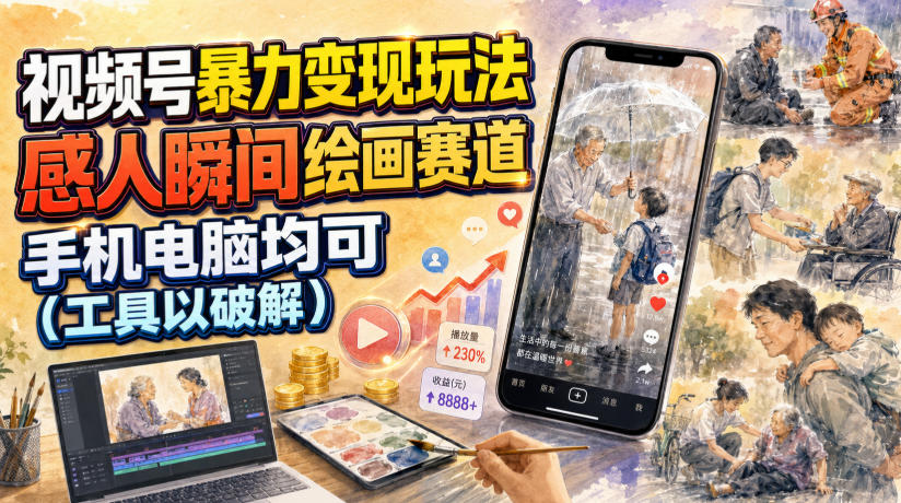 视频号暴力变现玩法，感人瞬间绘画赛道，手机电脑均可-低成本创业项目大全｜短视频带货+AI副业变现｜知行创业网