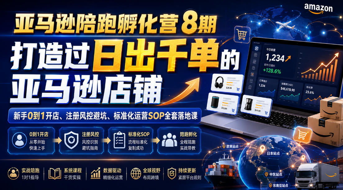 亚马逊陪跑孵化营8期，打造过日出千单的亚马逊店铺，新手0到1开店、注册风控避坑、标准化运营SOP全套落地课-低成本创业项目大全｜短视频带货+AI副业变现｜知行创业网
