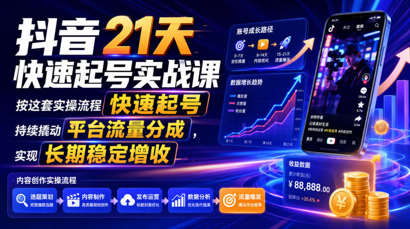 抖音21天快速起号实战课,按这套实操流程快速起号,持续撬动平台流量分成,实现长期稳定增收-低成本创业项目大全|短视频带货+AI副业变现|知行创业网