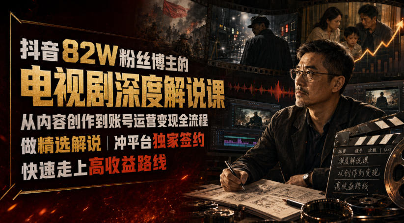 抖音82W粉丝博主的电视剧深度解说课，从内容创作到账号运营变现全流程，做精选解说，冲平台独家签约，快速走上高收益路线-低成本创业项目大全｜短视频带货+AI副业变现｜知行创业网