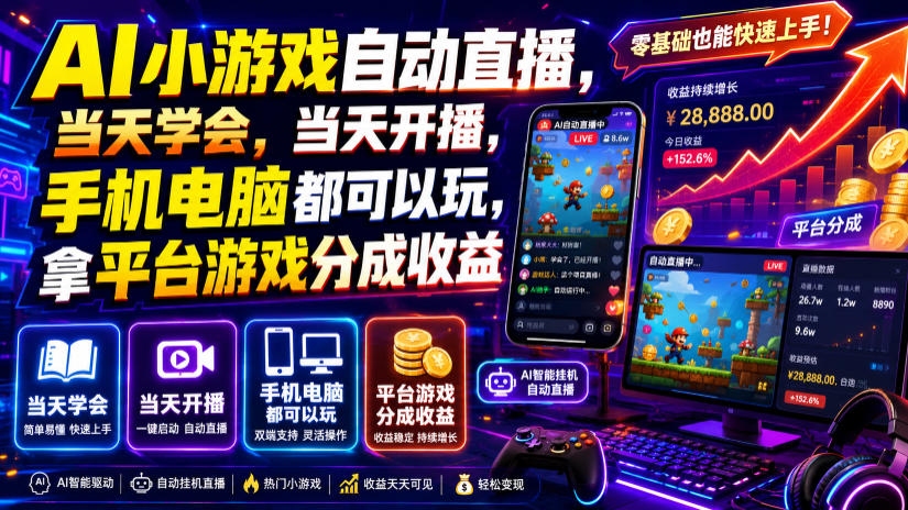 AI小游戏自动直播，当天学会，当天开播，手机电脑都可以玩，拿平台游戏分成收益-低成本创业项目大全｜短视频带货+AI副业变现｜知行创业网