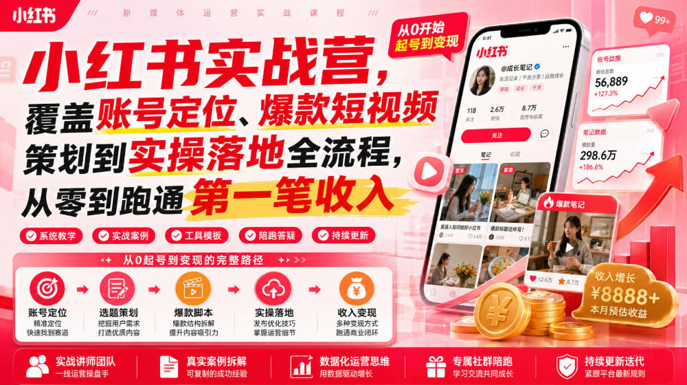 小红书实战营，覆盖账号定位、爆款短视频策划到实操落地全流程，从零到跑通第一笔收入-低成本创业项目大全｜短视频带货+AI副业变现｜知行创业网