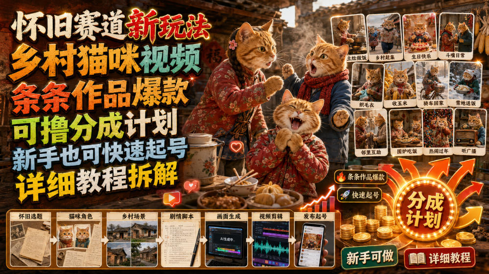 怀旧赛道新玩法，乡村猫咪视频，条条作品爆款，可撸分成计划，新手也可快速起号，详细教程拆解-低成本创业项目大全｜短视频带货+AI副业变现｜知行创业网