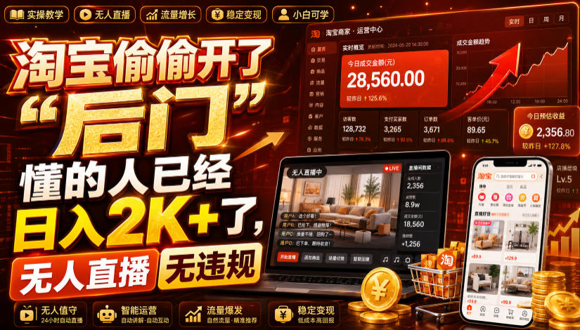 淘宝偷偷开了“后门”，懂的人已经日入2K+了，无人直播无违规，一台电脑=一家24小时营业的线上门店【揭秘】-低成本创业项目大全｜短视频带货+AI副业变现｜知行创业网
