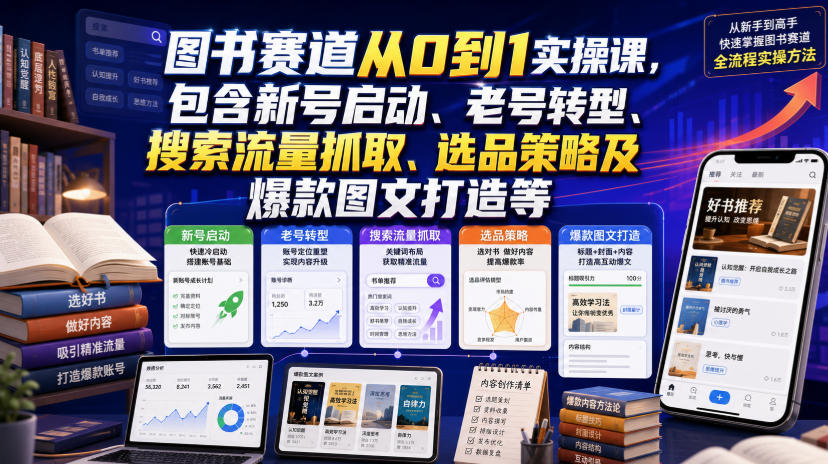 图书赛道从0到1实操课，包含新号启动、老号转型、搜索流量抓取、选品策略及爆款图文打造等-低成本创业项目大全｜短视频带货+AI副业变现｜知行创业网