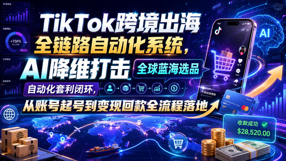 TikTok跨境出海全链路自动化系统,AI降维打击全球蓝海选品自动化套利闭环,从账号起号到变现回款全流程落地(2026年7月)-低成本创业项目大全|短视频带货+AI副业变现|知行创业网