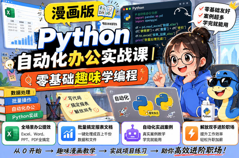 漫画版Python自动化办公实战课｜零基础趣味学编程，全场景办公提效、批量搞定报表文档、解放双手进阶职场-低成本创业项目大全｜短视频带货+AI副业变现｜知行创业网