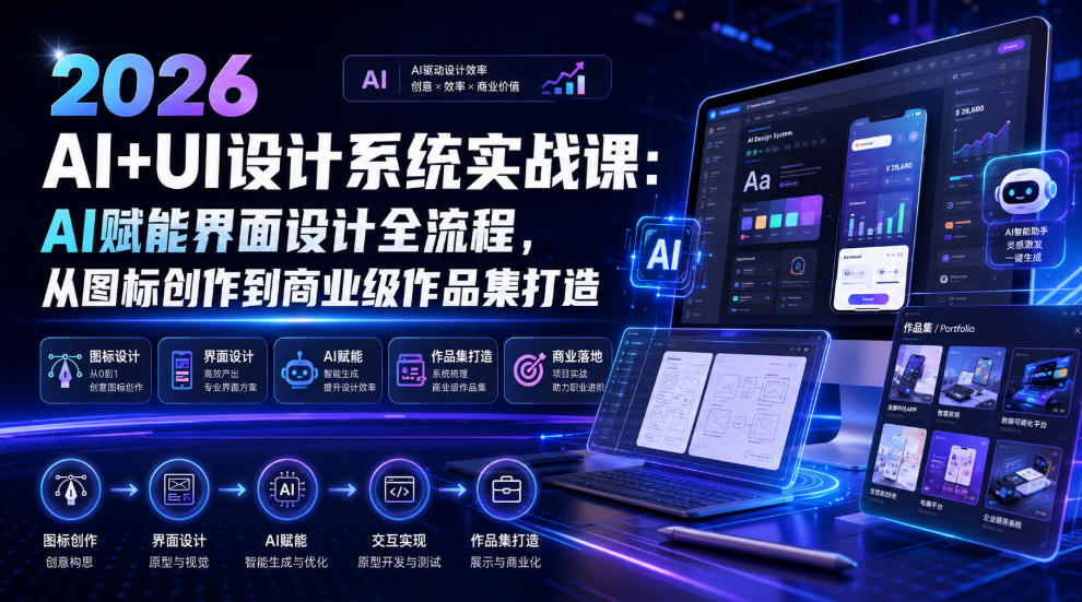 2026 AI+UI设计系统实战课:AI赋能界面设计全流程,从图标创作到商业级作品集打造-低成本创业项目大全|短视频带货+AI副业变现|知行创业网