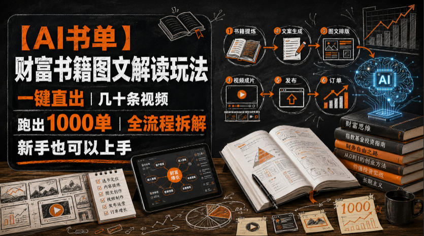 【AI书单】财富书籍图文解读玩法，一键直出，几十条视频，跑出1000单，全流程拆解，新手也可以上手-低成本创业项目大全｜短视频带货+AI副业变现｜知行创业网