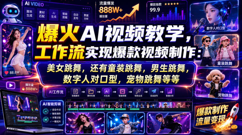 爆火AI视频教学，工作流实现爆款视频制作：美女跳舞，还有童装跳舞，男生跳舞，数字人对口型，宠物跳舞等等-低成本创业项目大全｜短视频带货+AI副业变现｜知行创业网