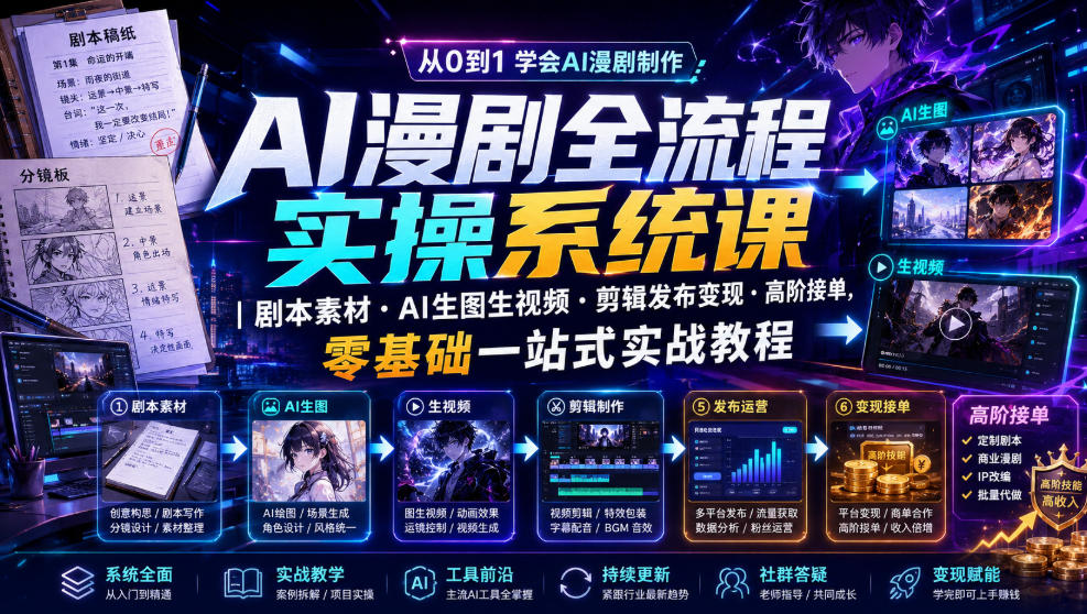 AI漫剧全流程实操系统课|剧本素材・AI生图生视频・剪辑发布变现・高阶接单,零基础一站式实战教程-低成本创业项目大全|短视频带货+AI副业变现|知行创业网