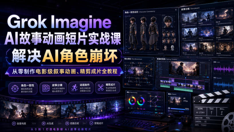 Grok Imagine AI故事动画短片实战课｜解决AI角色崩坏，从零制作电影级叙事动画、精剪成片全教程（中英字幕）-低成本创业项目大全｜短视频带货+AI副业变现｜知行创业网