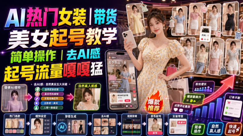 AI热门女装带货丨美女起号教学，简单操作，去AI感，起号流量嘎嘎猛-低成本创业项目大全｜短视频带货+AI副业变现｜知行创业网