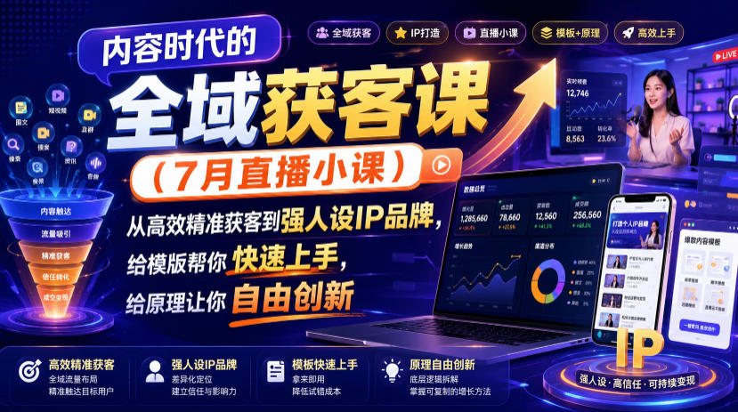 内容时代的全域获客课（7月直播小课），从高效精准获客到强人设IP品牌，给模版帮你快速上手，给原理让你自由创新-低成本创业项目大全｜短视频带货+AI副业变现｜知行创业网