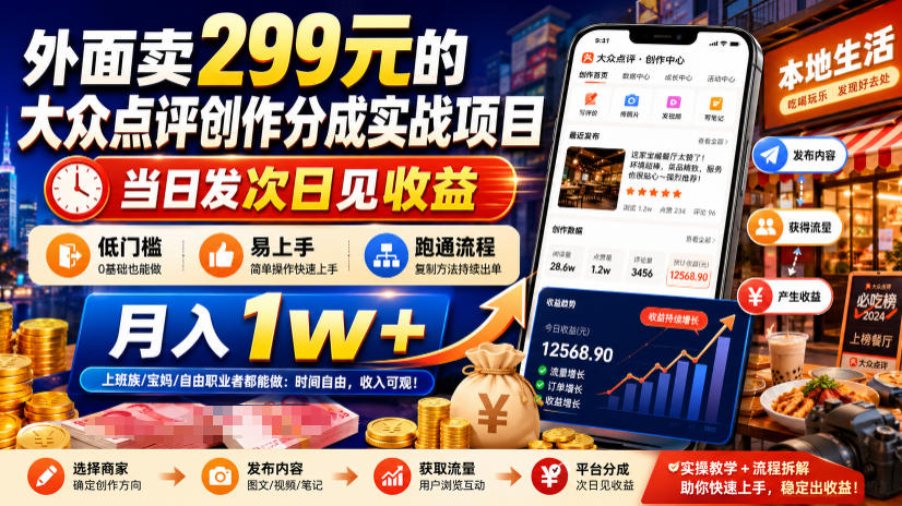 外面卖299元的大众点评创作分成实战项目，当日发次日见收益，低门槛易上手，跑通流程月入1w+-低成本创业项目大全｜短视频带货+AI副业变现｜知行创业网