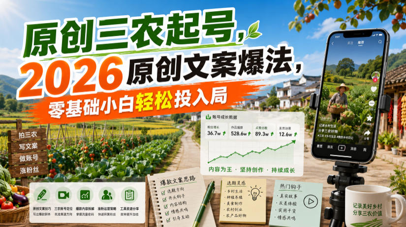 原创三农起号，2026原创文案爆法，零基础小白轻松投入局-低成本创业项目大全｜短视频带货+AI副业变现｜知行创业网