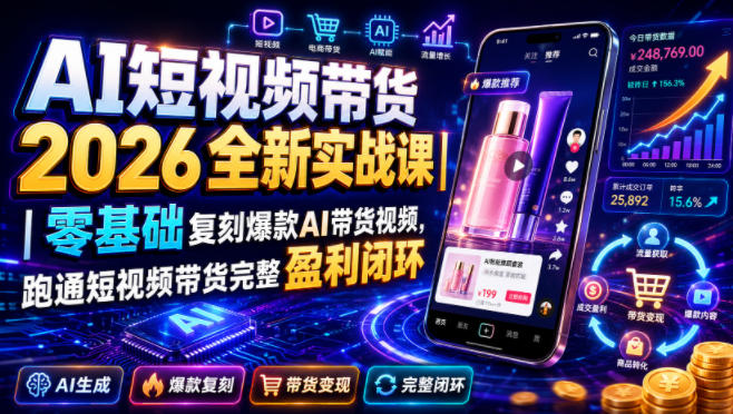 AI短视频带货2026全新实战课|零基础复刻爆款AI带货视频,跑通短视频带货完整盈利闭环-低成本创业项目大全|短视频带货+AI副业变现|知行创业网