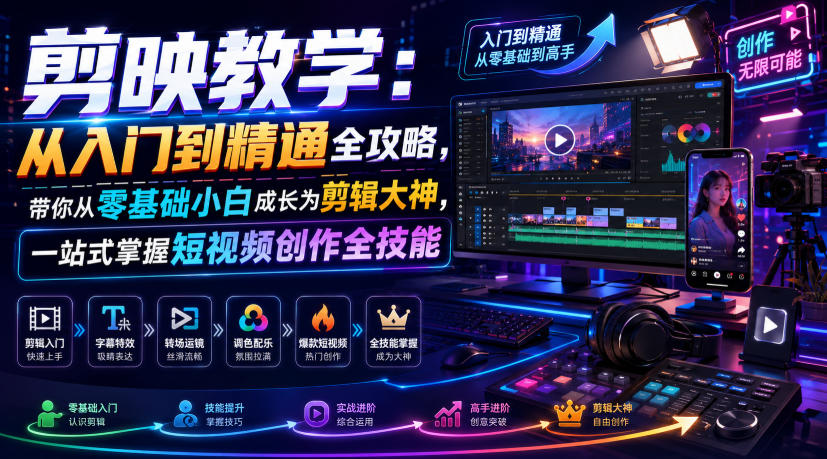 剪映教学：从入门到精通全攻略，带你从零基础小白成长为剪辑大神，一站式掌握短视频创作全技能-低成本创业项目大全｜短视频带货+AI副业变现｜知行创业网