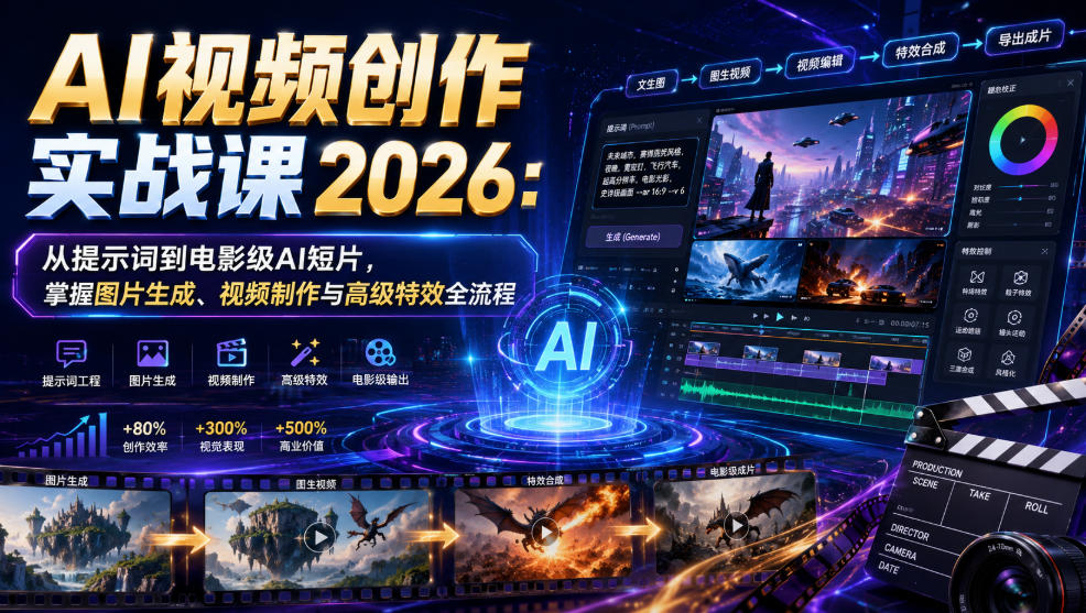 AI视频创作实战课2026：从提示词到电影级AI短片，掌握图片生成、视频制作与高级特效全流程-低成本创业项目大全｜短视频带货+AI副业变现｜知行创业网