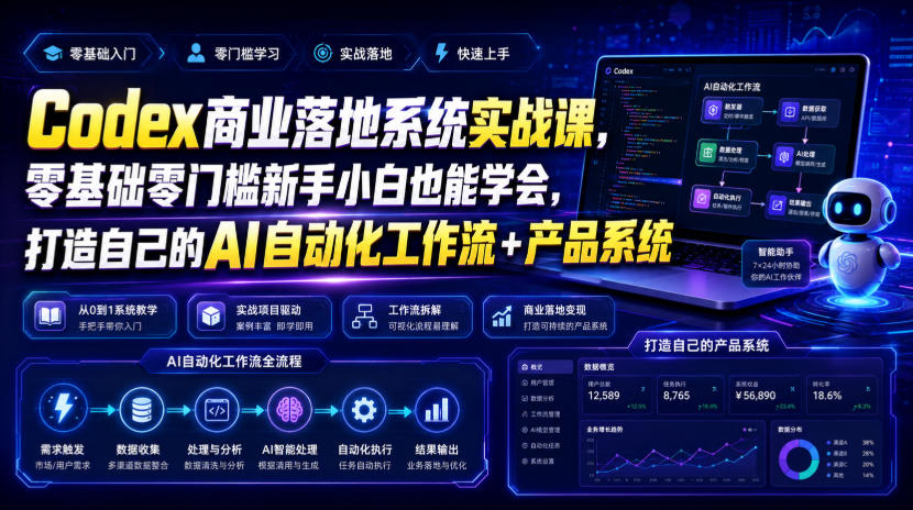 Codex商业落地系统实战课,零基础零门槛新手小白也能学会,打造自己的AI自动化工作流+产品系统-低成本创业项目大全|短视频带货+AI副业变现|知行创业网