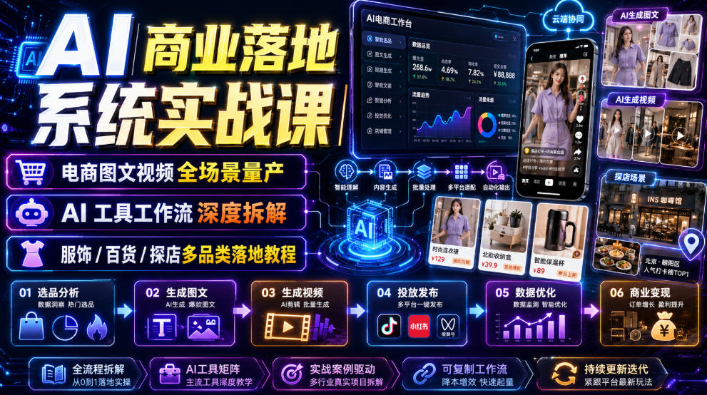 AI商业落地系统实战课｜电商图文视频全场景量产・AI工具工作流深度拆解・服饰/百货/探店多品类落地教程-低成本创业项目大全｜短视频带货+AI副业变现｜知行创业网