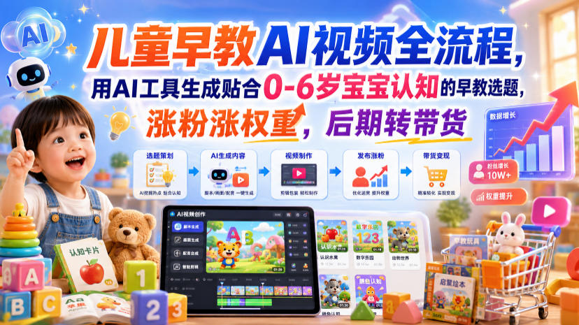 儿童早教AI视频全流程，用AI工具生成贴合0-6岁宝宝认知的早教选题，涨粉涨权重，后期转带货-低成本创业项目大全｜短视频带货+AI副业变现｜知行创业网